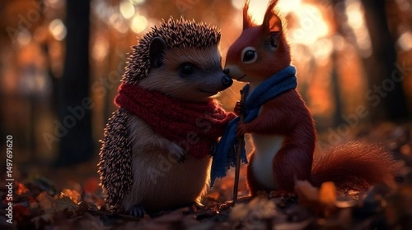 Fototapeta Autumnal Encounter: A Hedgehog and Squirrel's Gentle Meeting in the Forest