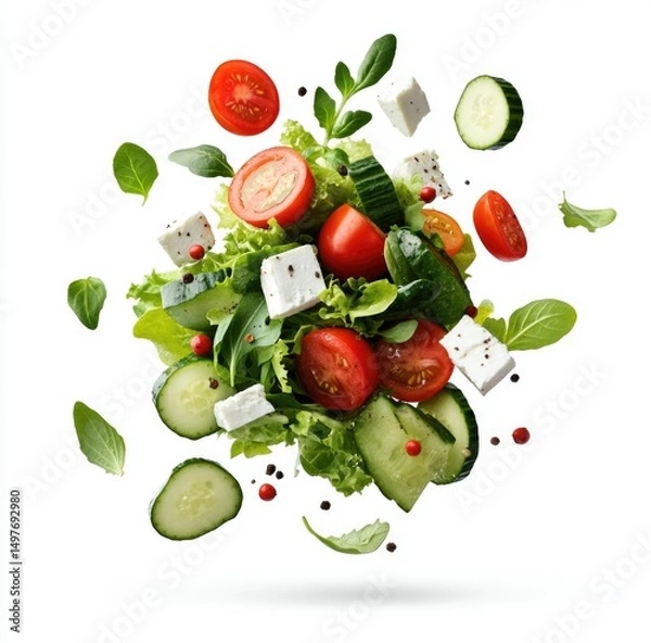 Obraz Fresh salad with tomatoes, cucumbers, lettuce, and feta on white background