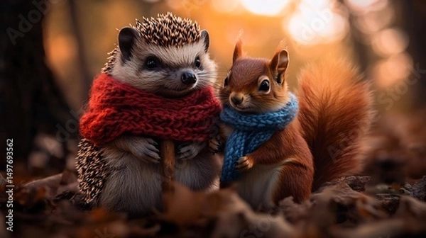 Fototapeta Hedgehog and Squirrel Friends in Autumn