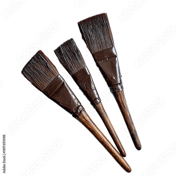 Fototapeta Three dark-handled paintbrushes with natural bristles, varying in size, arranged on a black background