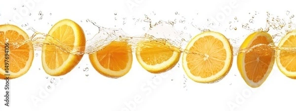Obraz Fresh lemon slices splashing in water on white background