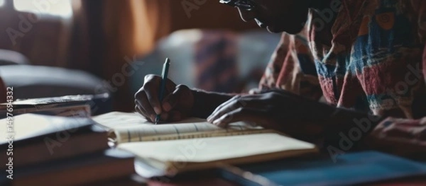 Fototapeta Person writing in notebook at desk.