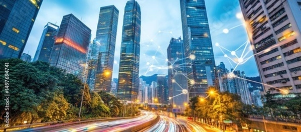 Obraz Night cityscape with highway traffic and network connections.