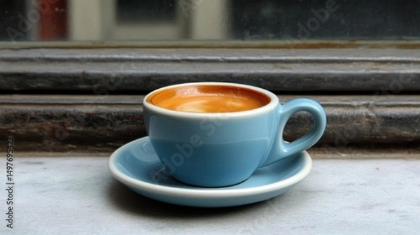 Obraz Espresso in a blue cup on a windowsill.