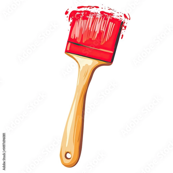 Fototapeta A paintbrush with red paint, wooden handle, angled