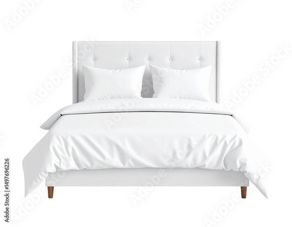 Fototapeta Pristine white double bed with tufted headboard and wooden legs, neatly made with crisp bedding