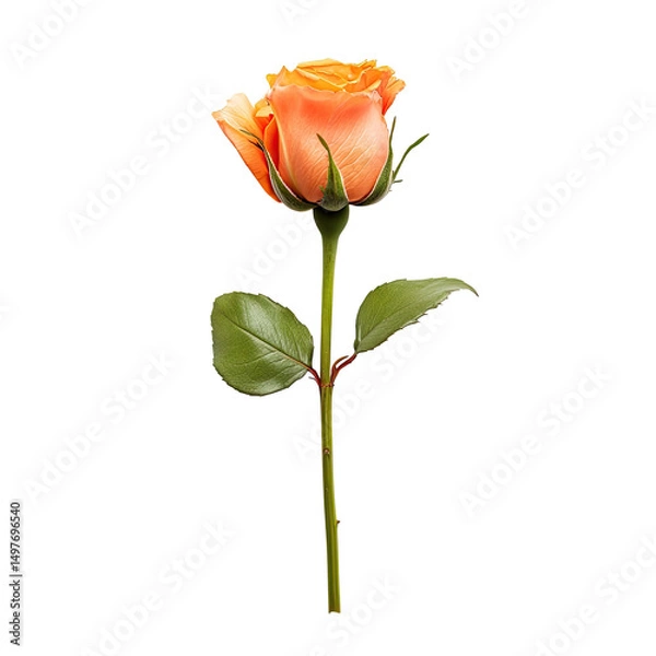 Fototapeta A single, vibrant orange rose with green leaves and stem, isolated on a black background