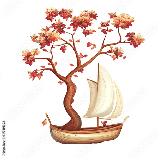 Fototapeta A whimsical illustration of a sailboat growing from a flowering tree, sailing on calm waters