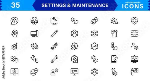 Fototapeta Settings Maintenance Line Icons Set. Configuration, system update, technical support, tools, service editable stroke icon vector collection