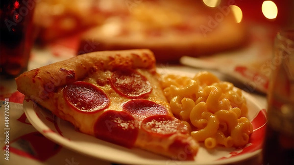 Fototapeta Delicious Pepperoni Pizza Slice with Creamy Macaroni on Plate