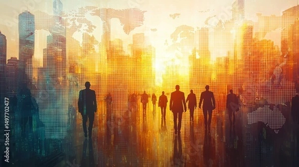 Fototapeta Silhouetted people walk toward a cityscape with a world map overlay, a symbol of global business.