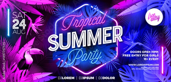 Fototapeta Summer Party Banner Design Template with Glowing Neon Light on Fluorescent Tropic Leaves Background. Vector Summer Celebration Holiday Illustration for Banner, Flyer, Invitation or Celebration Poster.