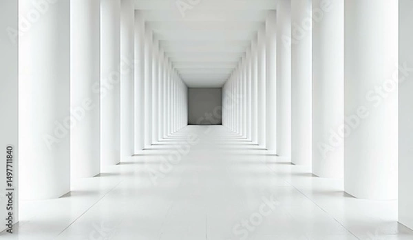 Fototapeta A long, empty corridor with white columns and a dark end wall