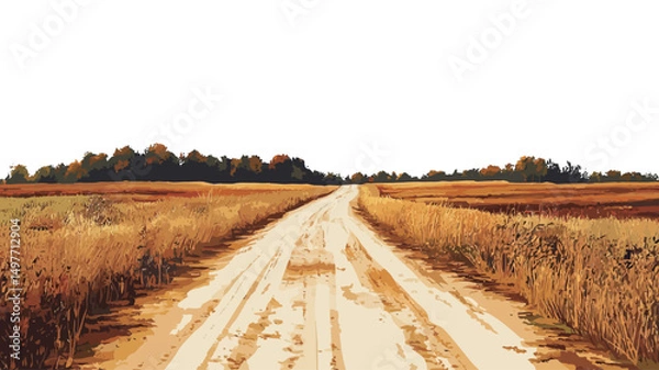 Fototapeta The image presents a high-angle, long shot of a dirt road traversing a predominantly golden-hued field. The road, centrally positioned, extends from the foreground to the horizon, where a dark line.