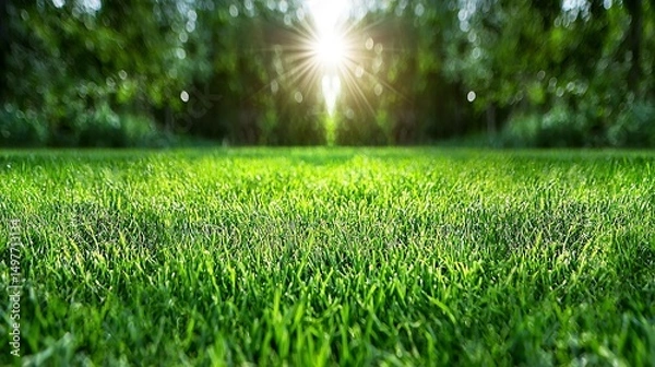 Obraz Green Grass with Sunshine Through the Trees