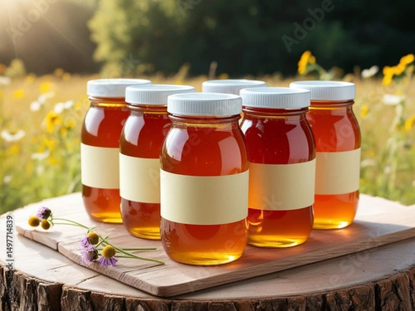 Obraz Blank label honey jars mockup on nature background.