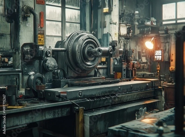 Obraz Industrial workshop interior with old machinery, showing metalworking tools and equipment.