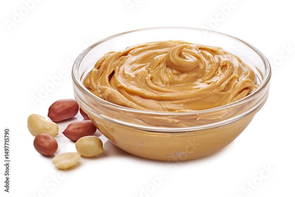 Obraz A Glass Bowl Filled with Creamy Peanut Butter Accompanied by Fresh Peanuts on the Side