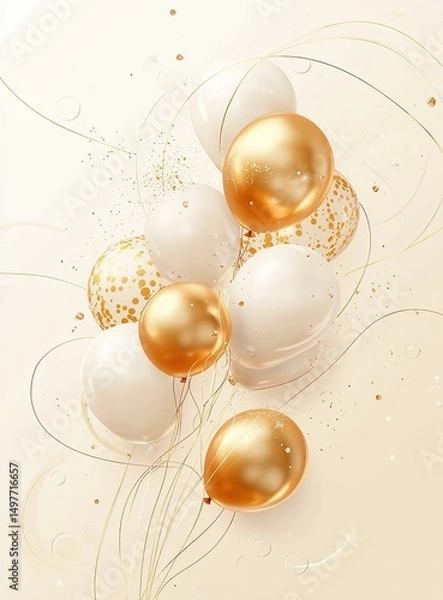 Fototapeta A bunch of golden and white balloons, a vector illustration on a pure background.