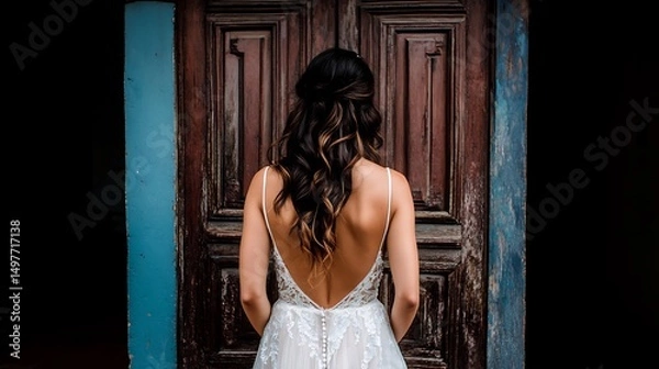 Obraz Elegant Bride Posing Before Antique Door