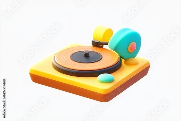 Obraz 3D Cartoon Vintage Gold and Walnut Record Player Icon on White Background, Ultra High Definition Detailed Isometric View
