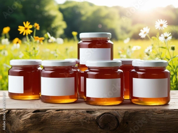 Obraz Blank label honey jars mockup on nature background.