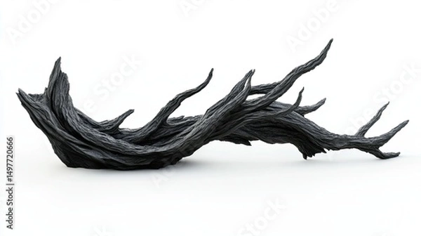 Fototapeta Abstract blackened driftwood sculpture isolated on pristine white background