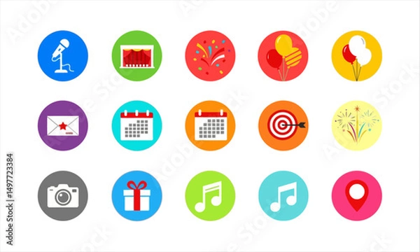 Fototapeta Party, and Celebration Flat Icons Set : microphone, stage, confetti, balloons, invitation, calendar, target, fireworks, camera, gift, music, and location symbols.