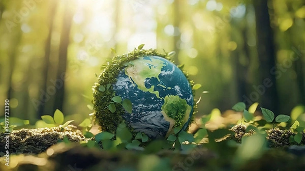 Fototapeta Moss and leaf-covered green planet Earth resting on grass, sunrays highlighting environmental awareness and global ecosystems, with colorful land and ocean textures symbolizing nature’s diversity.