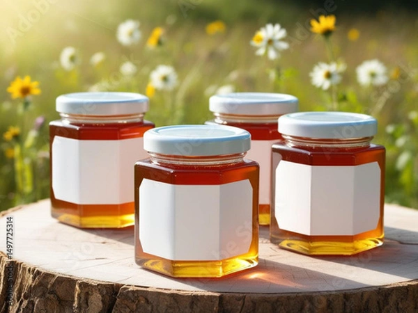 Obraz Blank label honey jars mockup on nature background.