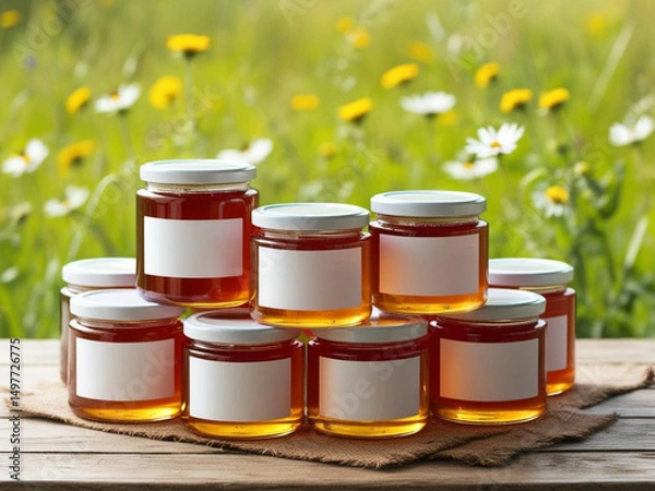 Obraz Blank label honey jars mockup on nature background.