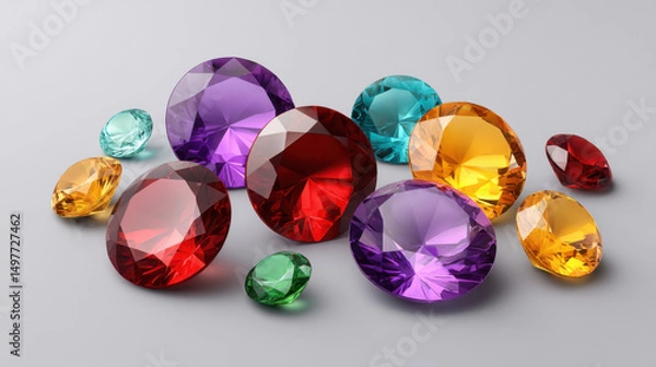 Obraz An assortment of colorful cut gemstones including red, purple, blue, yellow, and green hues are scattered across a seamless light gray background, shiny and bright.