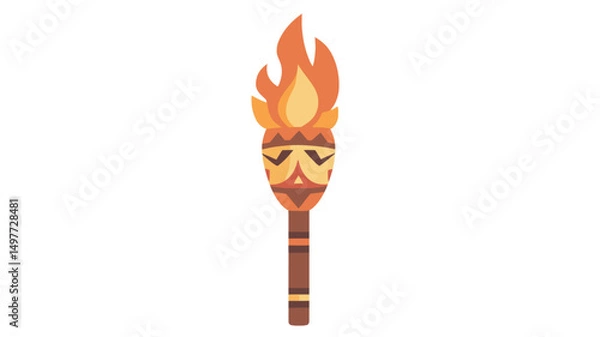 Fototapeta A digitally rendered illustration depicts a tiki torch against a pure white background. The torch features a stylized tribal mask design in warm orange and brown hues, set against a slender, dark