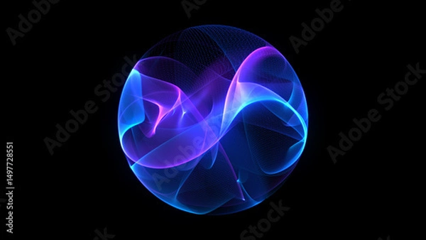 Fototapeta Neon futuristic 3d sphere of blue and purple glowing digital waves and particles. Future technology concept, Artificial Intelligence, engineering, and science. Abstract energy orb. Data, innovations.