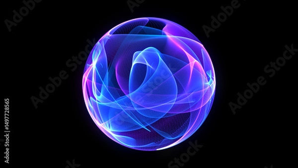 Fototapeta Vibrant 3d sphere of purple and blue waves and glowing particles. Abstract technology concept, Artificial Intelligence, engineering, big data, machine learning. Glowing energy orb on black. 