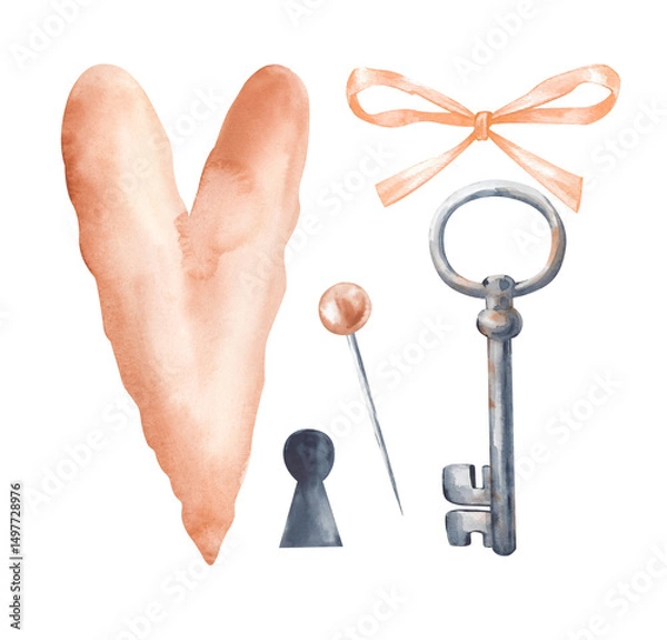 Fototapeta Watercolor mini-set with a heart, a rusty key, a bow, a pin and a keyhole. The illustration on the theme of love is isolated on a white background. For design for Valentine's day, wedding. A clipart