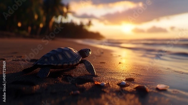 Obraz Sea Turtle Sunset Stroll: A Baby Turtle's Journey to the Ocean at Golden Hour