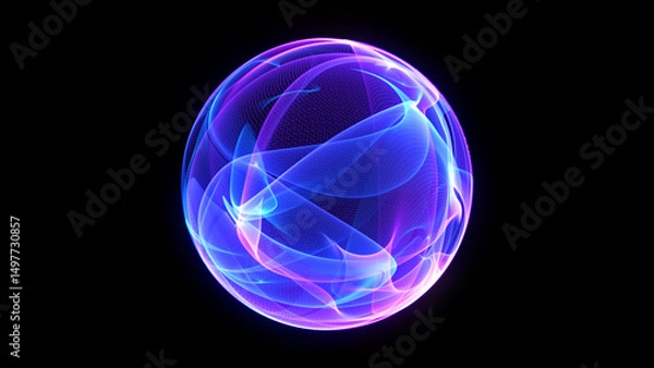 Fototapeta Blue and purple neon 3d sphere of gradient waves and glowing particles. Abstract technology concept, Artificial Intelligence, engineering, big data, and innovations. Vibrant futuristic sphere.