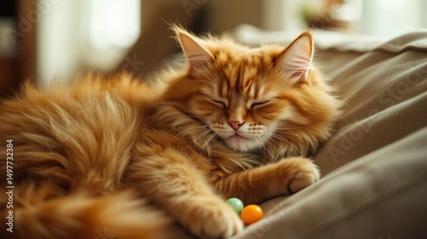 Fototapeta Chubby Cat Nap on Cozy Sofa