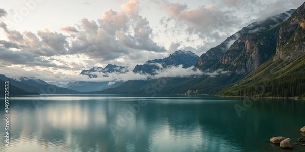 Fototapeta Misty Mountain Lake at Twilight