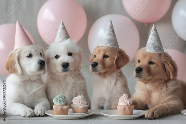 Obraz four dog puppies at a birthday party celebration wearing party hats, with balloons and cupcakes