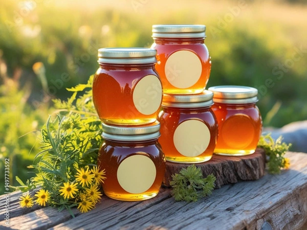 Obraz Blank label honey jars mockup on nature background.