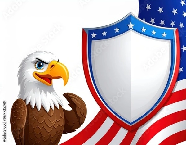 Fototapeta A cartoon bald eagle stands beside a patriotic shield, with the American flag in the background, symbolizing the USA and national pride.