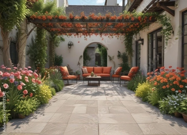 Obraz Newly installed patio encircled by vibrant flowering plants , exterior, stems, flora