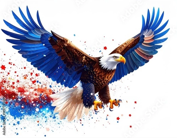 Fototapeta A majestic bald eagle with outstretched wings, surrounded by red, white, and blue splashes on a white background.