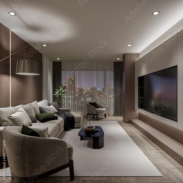 Fototapeta A modern living room with a sofa and armchairs facing a large TV