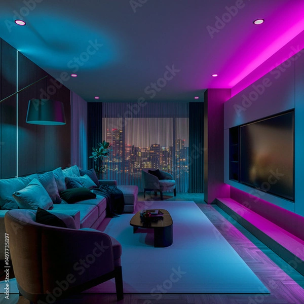 Fototapeta The living room with vibrant colors led lights, ready for cinematic mode.