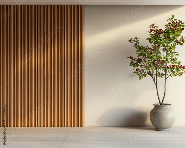 Fototapeta Elegant Japanese twostory home with neutral tones, handcrafted wood panels, and soft diffused lighting