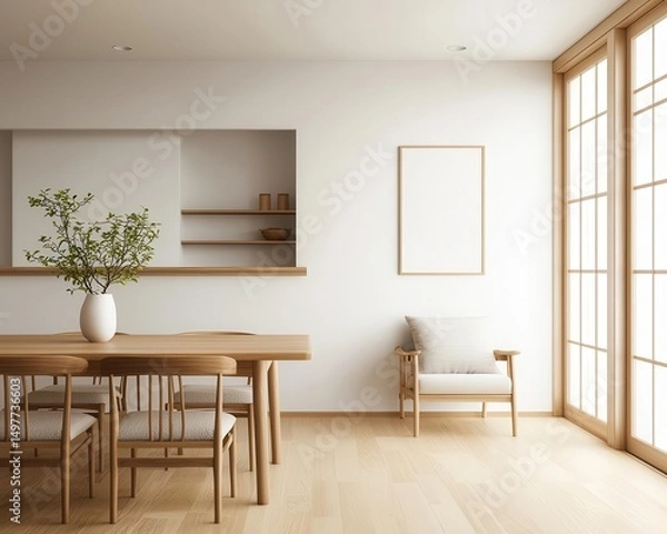 Fototapeta Stylish duplex with a mix of modern architecture and traditional Japanese interior elements, soft wood tones, and airy spaces