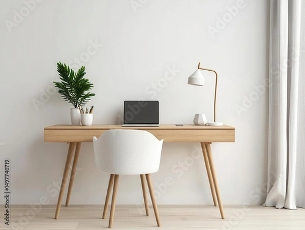 Fototapeta Modern Mujistyle bedroom with a floating wooden desk, soft linen curtains, and natural decor elements